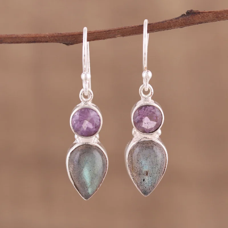 Hoop earrings with satin finishes for a smooth and elegant appearance-Dazzling Alliance Labradorite and Amethyst Dangle Earrings from India