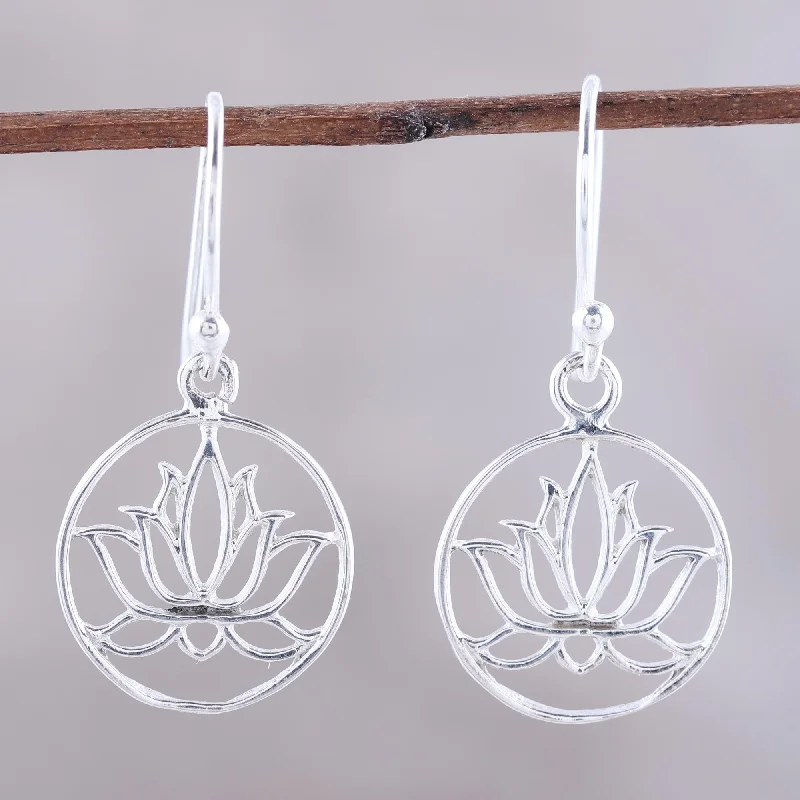 Best hoop earrings with matching bracelets for a coordinated jewelry set-Delightful Lotus Sterling Silver Lotus Dangle Earrings from India