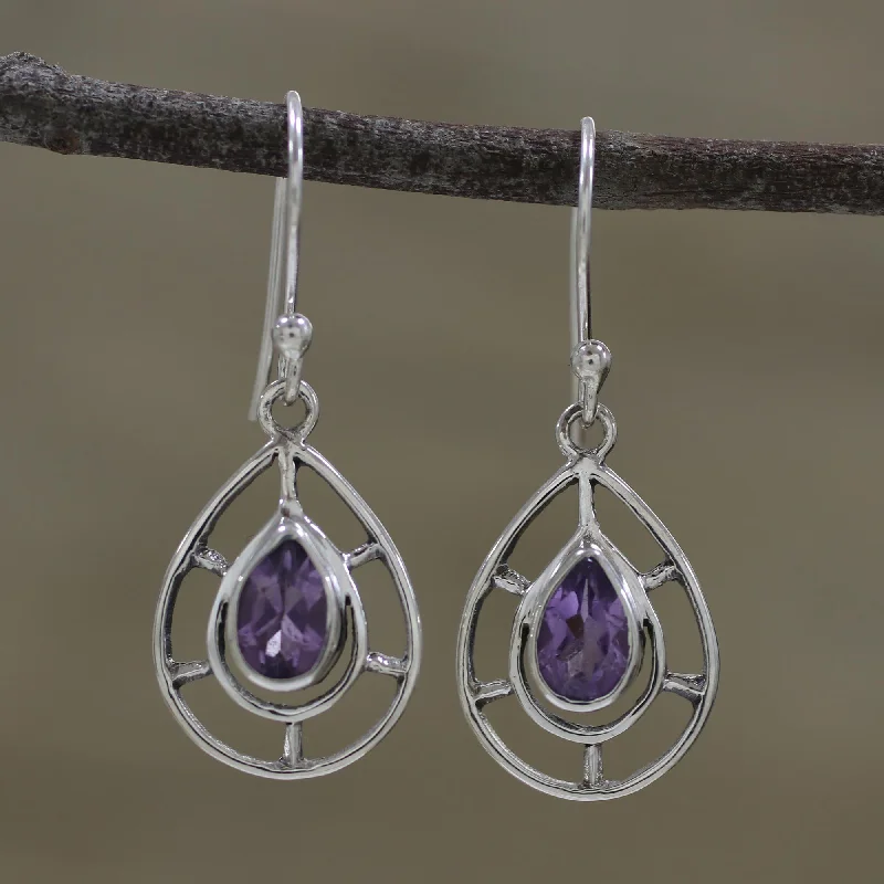 Best hoop earrings with geometric shapes for a modern and artistic appeal-Droplet Spokes Faceted Amethyst Droplet Dangle Earrings from India