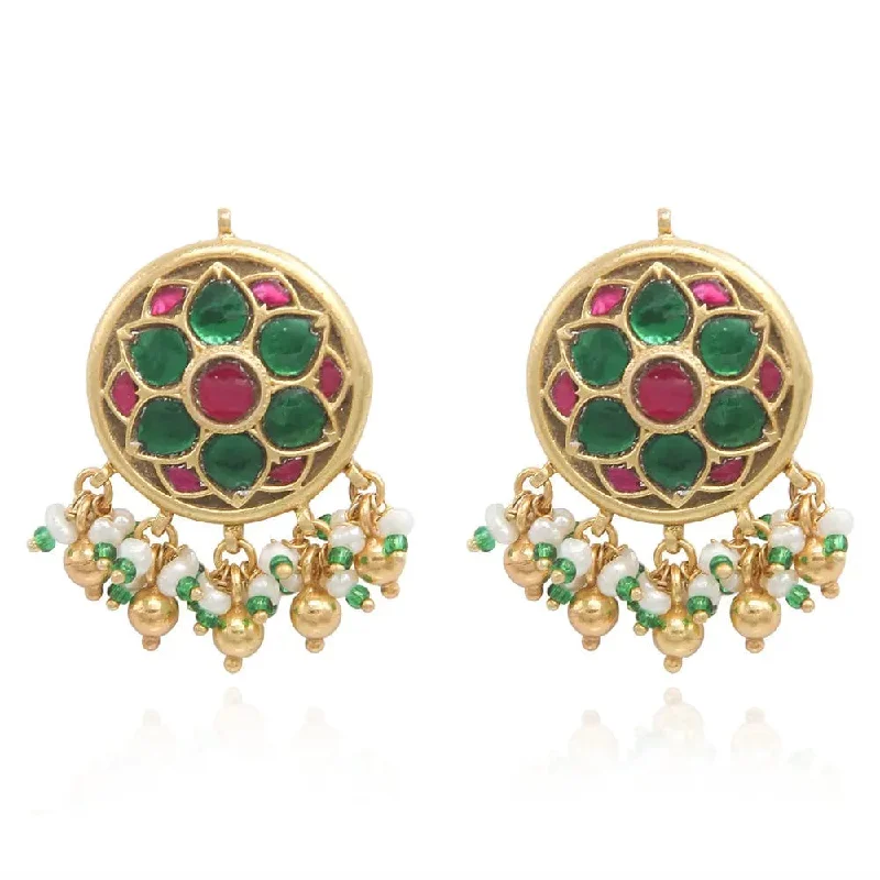 Hoop earrings with rhinestone embellishments for a glamorous and sparkling look-92.5 SILVER KUNDAN RED AND GREEN STUD