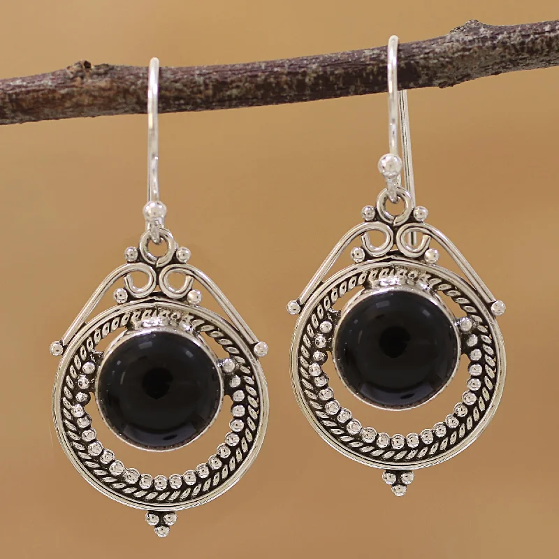 Hoop earrings with crescent moon shapes for a celestial and mystical appearance-Elegant Globes Onyx and Sterling Silver Dangle Earrings from India