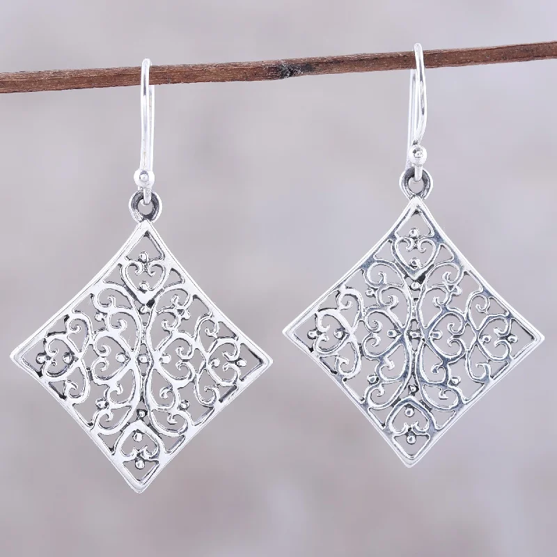 Best hoop earrings with hammered gold for a rustic yet elegant look-Elegant Kites Openwork Square Sterling Silver Dangle Earrings from India