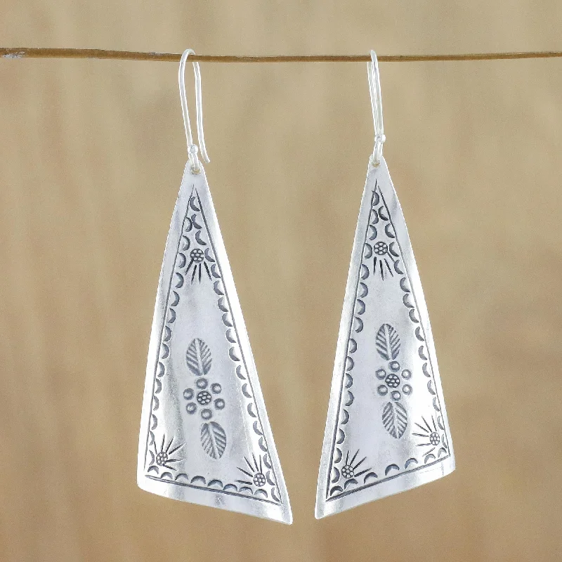 Hoop earrings with intricate designs for a unique and artistic appearance-Exotic Triangles Triangular Karen Silver Dangle Earrings from Thailand