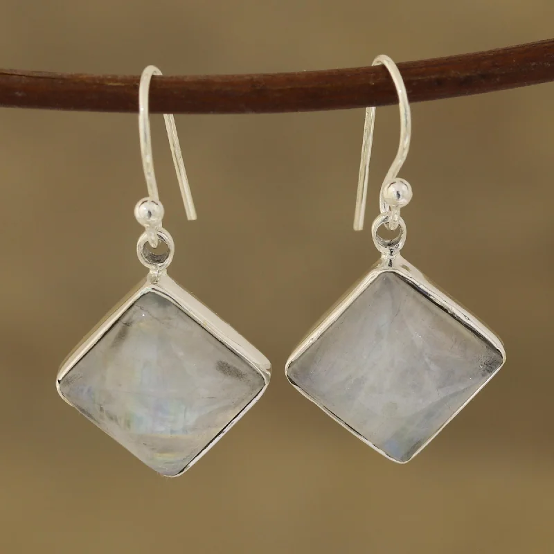 Hoop earrings with dangling charms for a playful and fun look-Fascinating Frames Square Rainbow Moonstone Dangle Earrings from India