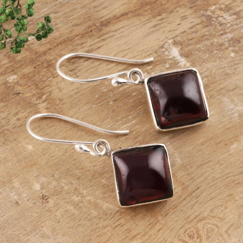 Stylish hoop earrings with diamond accents for an elegant and sparkling effect-Fiery Squares Square Garnet Dangle Earrings from India