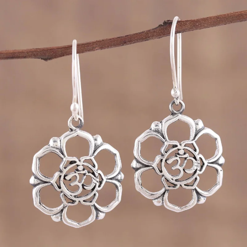 Hoop earrings with twisted metal designs for a dynamic and modern style-Floral Om Sterling Silver Floral Om Symbol Dangle Earrings