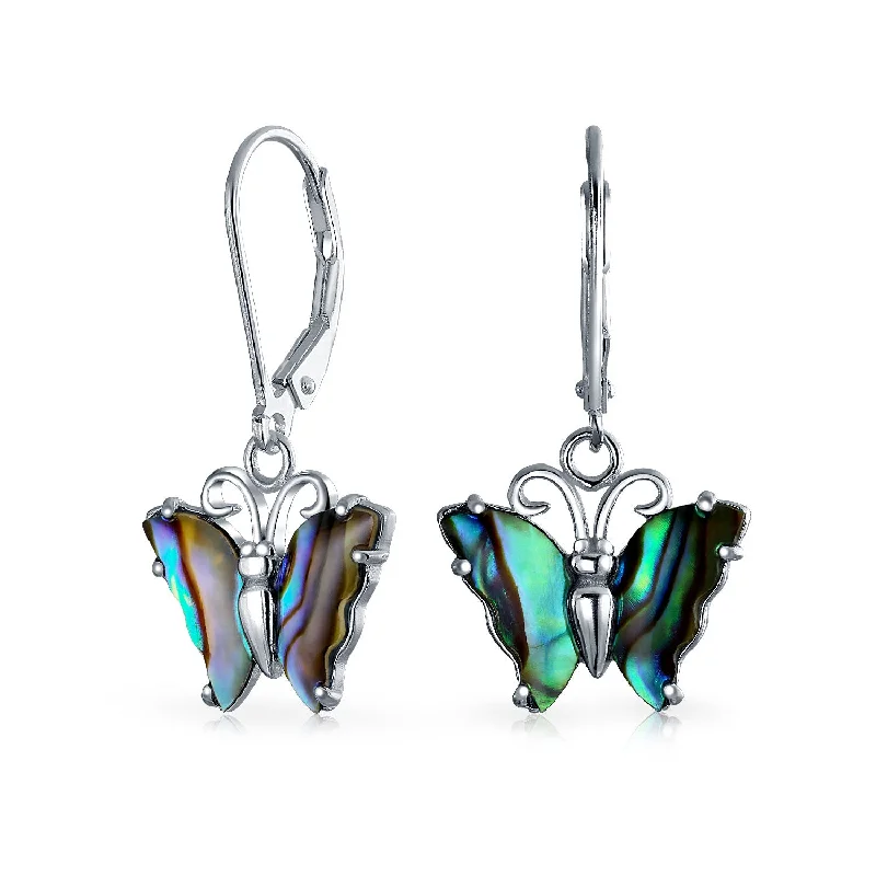 Hoop earrings with satin finishes for a smooth and elegant appearance-Garden Insect Abalone Butterfly Dangle Earrings  Sterling Silver Leverback