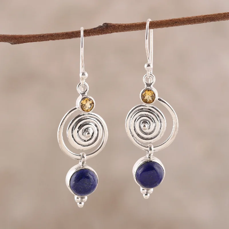 Best hoop earrings with stacked layers for a dimensional and bold look-Gemstone Swirl Swirl Pattern Lapis Lazuli and Citrine Dangle Earrings