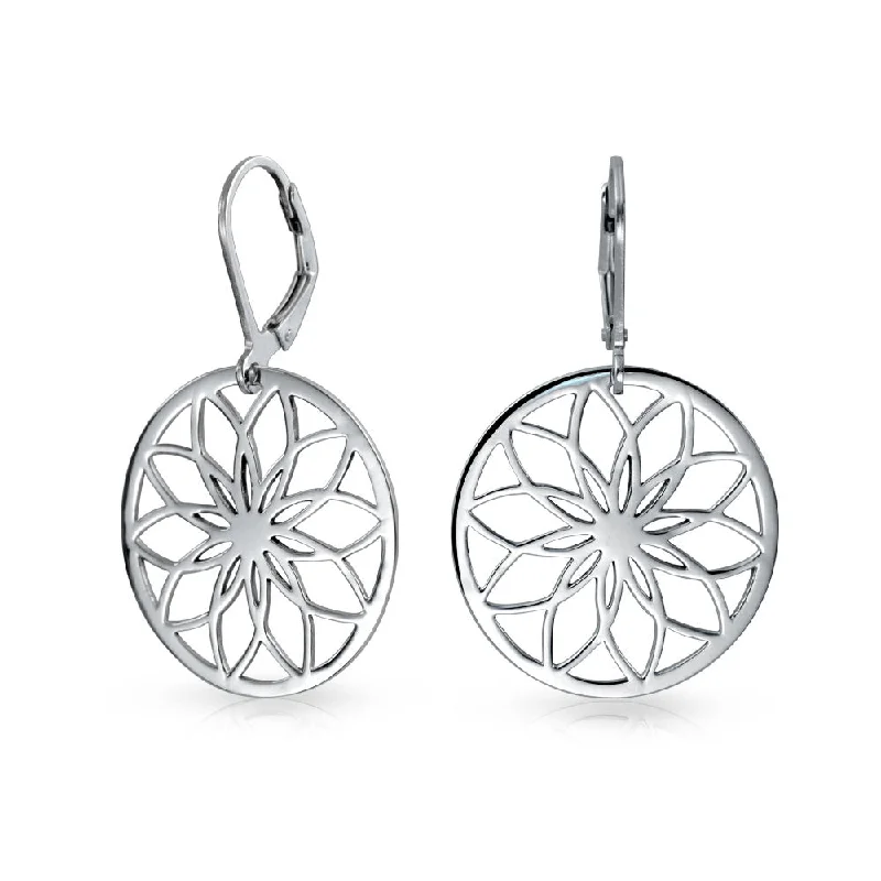 Hoop earrings with circle designs for a classic and timeless shape-Geometric Floral Garden Disc Cutout Flower Dangle Earrings Sterling Silver Lever Back