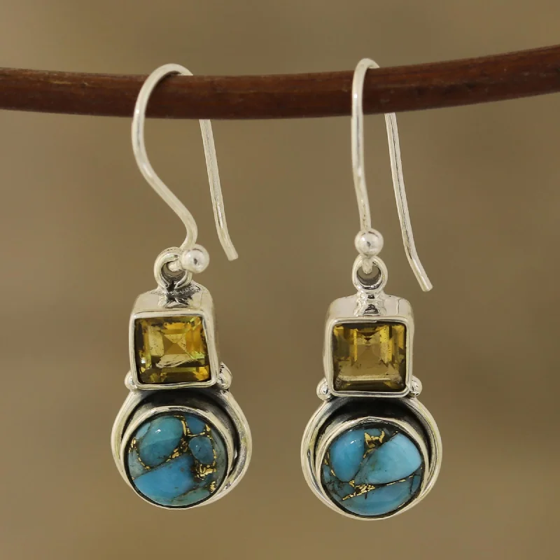 Hoop earrings with textured finishes for a vintage and classic style-Glittering Combo Square Citrine and Composite Turquoise Dangle Earrings