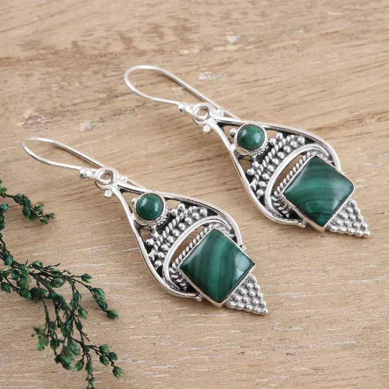 Best hoop earrings with asymmetrical designs for a fashion-forward, avant-garde look-Green Ocean Malachite Cabochon and Sterling Silver Dangle Earrings