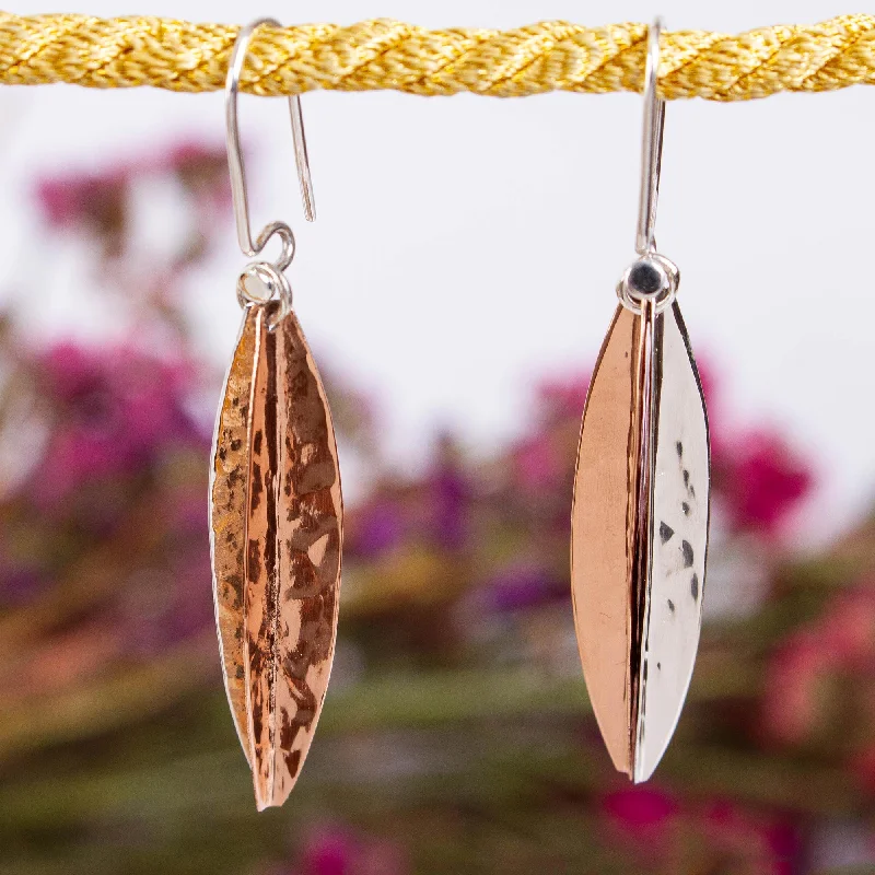 Hoop earrings with polished metal for a shiny and high-quality finish-Hammered Abstraction Taxco Sterling Silver and Copper Dangle Earrings from Mexico