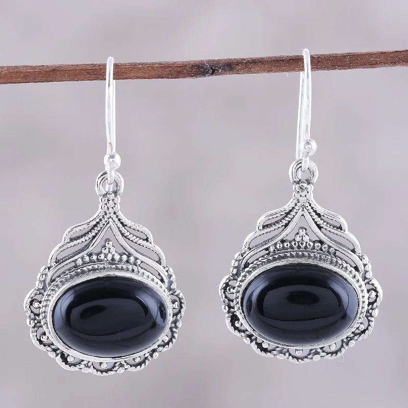 Hoop earrings with heart-shaped frames for a romantic and feminine look-Jeweled Glory Black Oval Onyx Dangle Earrings from India