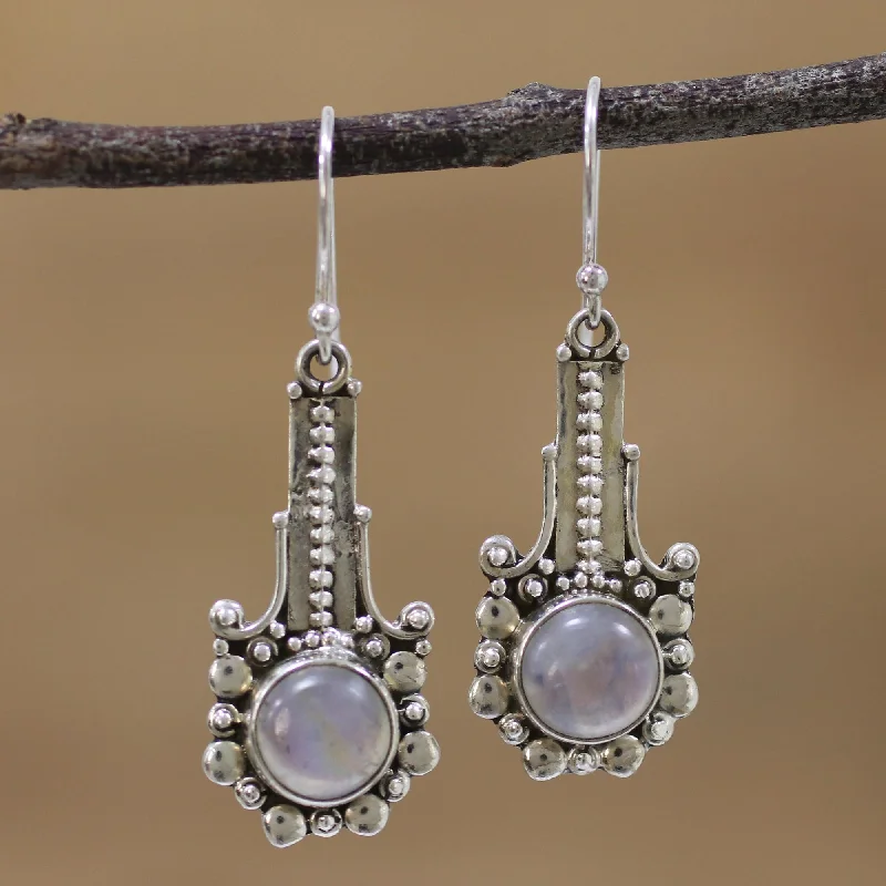 Hoop earrings with multi-tone finishes for a colorful and layered effect-Magical Pendulums Rainbow Moonstone and 925 Silver Dangle Earrings from India