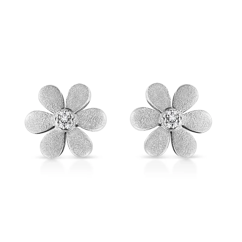 Best hoop earrings with detachable studs for a versatile and adjustable accessory-Matte Finished .925 Sterling Silver Diamond Accent Flower Hoop Stud Earring