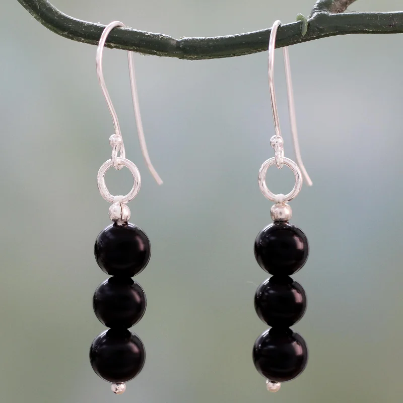 Hoop earrings with abstract shapes for an artistic and creative touch-Midnight Radiance Hand Crafted Onyx and Sterling Silver Dangle Earrings