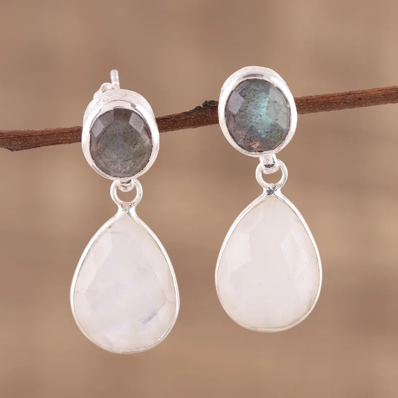 Best hoop earrings with geometric triangle shapes for a modern, chic design-Misty Alliance Rainbow Moonstone and Labradorite 23 Ct Earrings