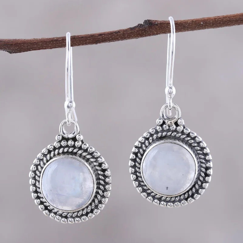 Hoop earrings with infinity loop designs for a continuous and eternal shape-Moonlight Dots Round Rainbow Moonstone Dangle Earrings from India