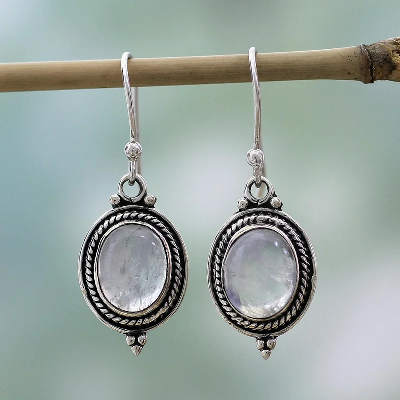 Hoop earrings with intricate designs for a unique and artistic appearance-Moonlit Charm Sterling Silver Rainbow Moonstone Dangle Earrings India