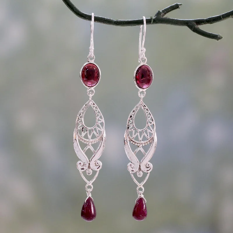 Best hoop earrings with geometric hexagon shapes for a modern, angular look-Mughal Mystery Long Ruby and Garnet Earrings in Sterling Silver from India