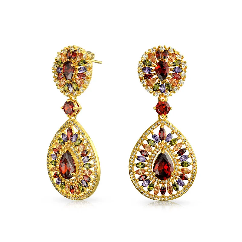 Hoop earrings with tortoiseshell designs for a chic and classic style-Multicolor CZ Teardrop Dangle Chandelier Earrings for Wedding Prom Gold Plated