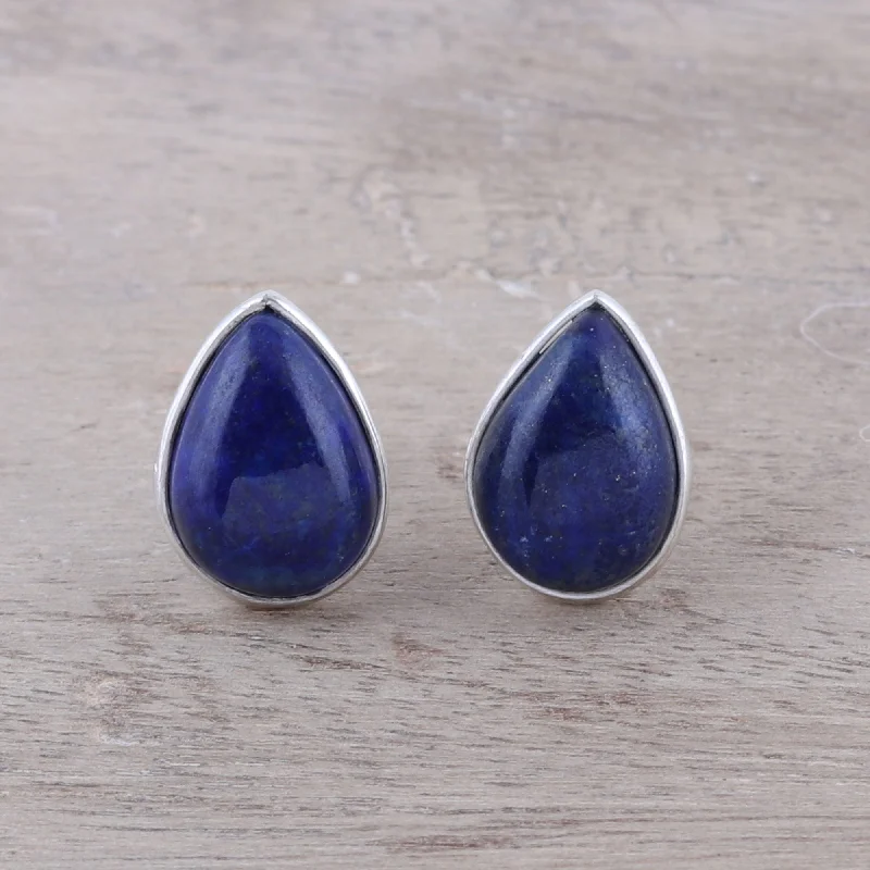 Stylish hoop earrings with diamond accents for an elegant and sparkling effect-Mystic Tears Teardrop Lapis Lazuli Button Earrings from India