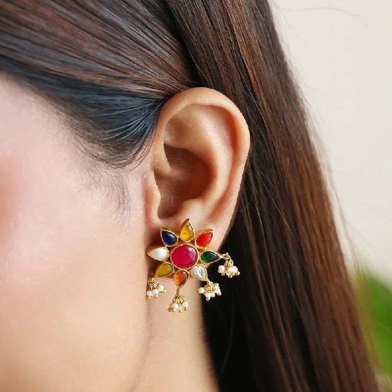 Best hoop earrings with crescent-shaped designs for a bold, moon-inspired style-Nine Gems Royal Navratan Earring