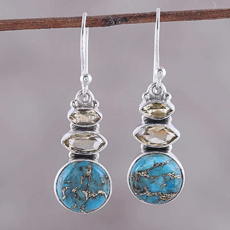 Hoop earrings with satin finishes for a smooth and elegant appearance-Peaceful Dazzle Citrine and Composite Turquoise Dangle Earrings from India