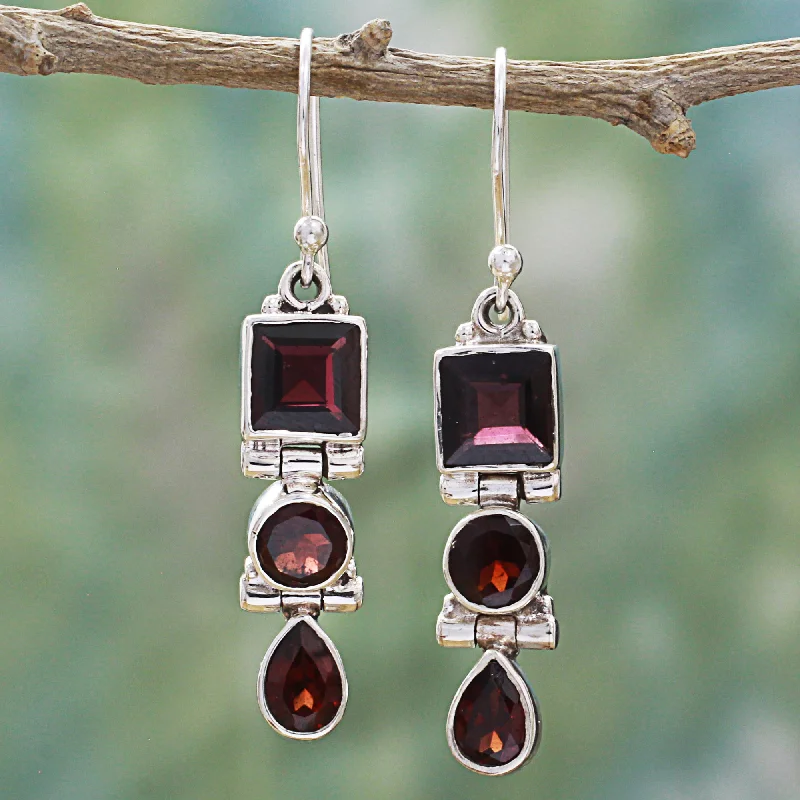 Hoop earrings with infinity loop designs for a continuous and eternal shape-Radiant Glamour Geometric Garnet and Sterling Silver Dangle Earrings