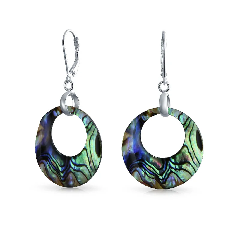 Best hoop earrings with blackened metal for an edgy and bold appearance-Rainbow Iridescent Abalone Dangle Earrings Sterling Silver Circle Hoop