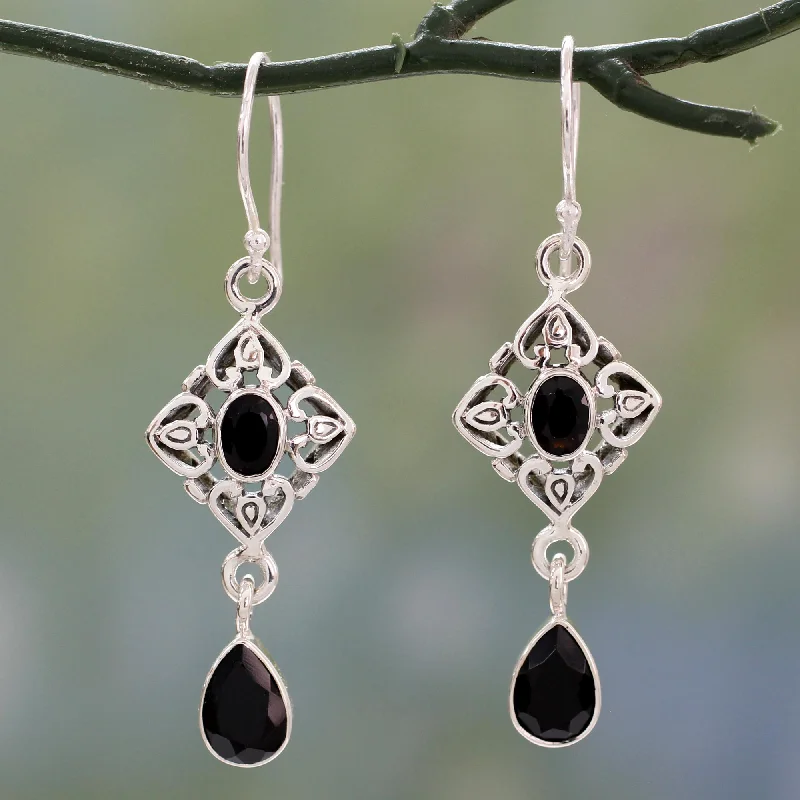 Hoop earrings with snake print designs for an edgy, wild appearance-Regal in Black Ornate Black Onyx and Sterling Silver Dangle Style Earrings