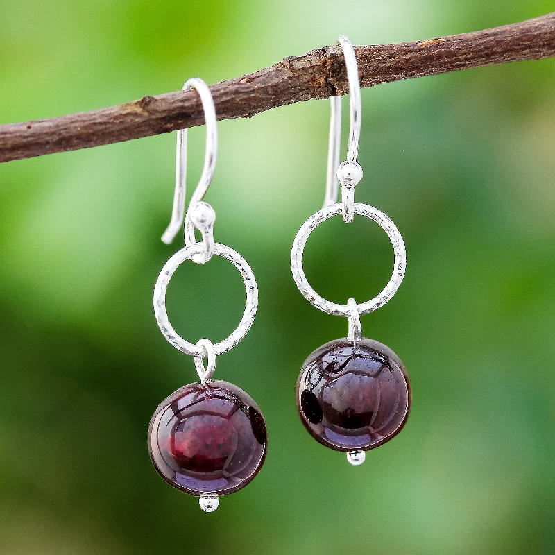 Hoop earrings with snake print designs for an edgy, wild appearance-Ring Shimmer Round Garnet Dangle Earrings Crafted in Thailand