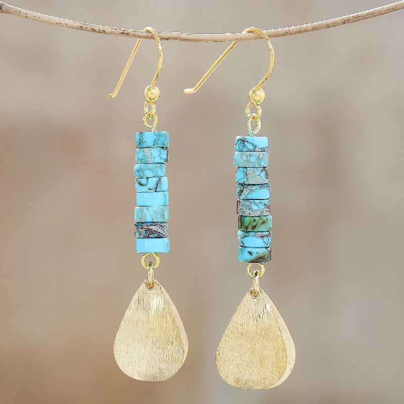 Best hoop earrings with geometric cuts for a sharp, modern appeal-Sea Gold Brass and Reconstituted Turquoise Dangle Earrings