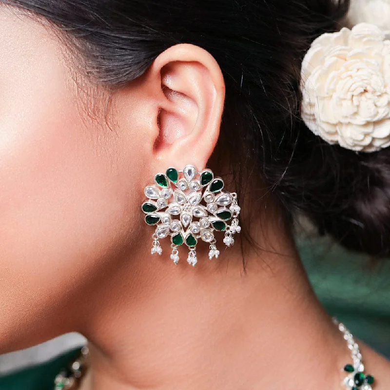 Best hoop earrings with hammered gold for a rustic yet elegant look-SILVER 92.5 GREEN KUNDAN EARRING