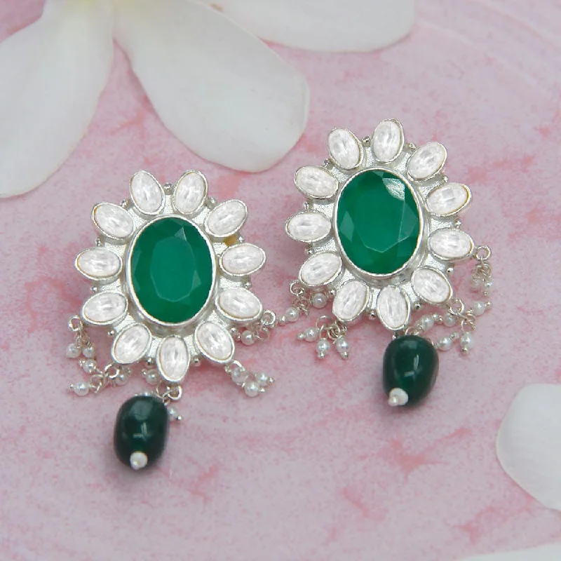 Best hoop earrings with vintage coins for a retro, antique-inspired style-SILVER 92.5 GREEN KUNDAN EARRING