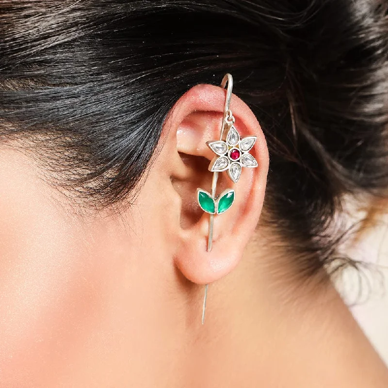 Best hoop earrings with crescent-shaped designs for a bold, moon-inspired style-Silver Flower Earcuff