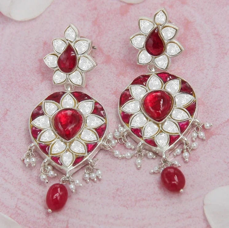 Hoop earrings with hearts for a sweet and romantic gesture-SILVER RED KUNDAN EARRINGS