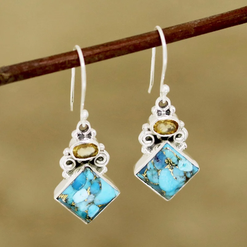 Best hoop earrings with satin ribbons for a soft, feminine appearance-Sky Fragments Citrine and Composite Turquoise Dangle Earrings from India