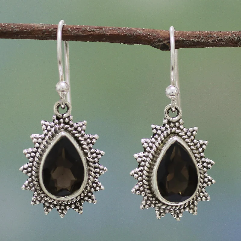 Hoop earrings with snake print designs for an edgy, wild appearance-Smoky Drop Handmade Smoky Quartz and Silver Earrings from India