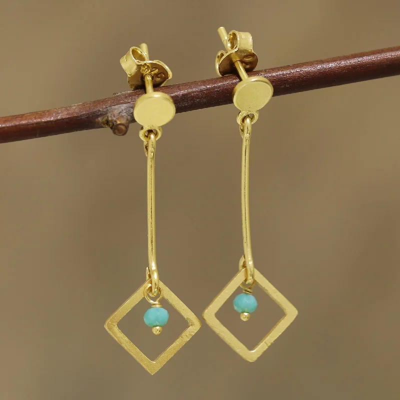 Hoop earrings with a matte black finish for a sleek, edgy vibe-Square Dazzle 22k Gold Plated Chalcedony Dangle Earrings from India