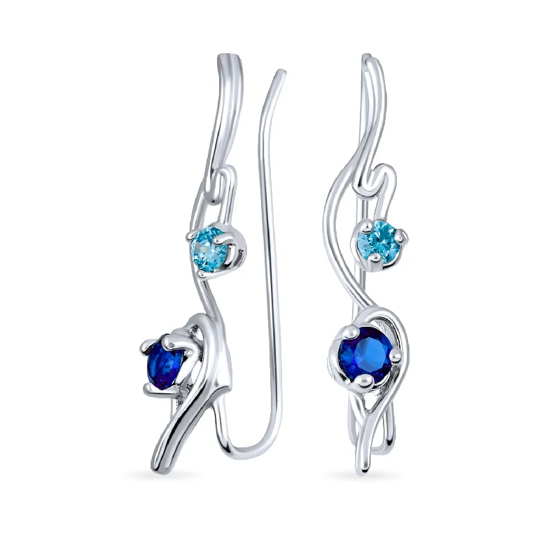 Hoop earrings with luxe velvet finishes for a rich and luxurious touch-Swirl Wire Ear Cuff Cartilage Aqua Blue CZ Earrings Simulated Sapphire Silver