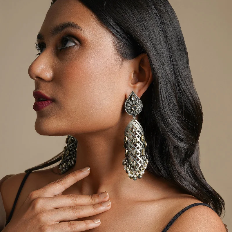 Hoop earrings with leather accents for a sleek and bold combination-Teejh Aarvi peacock silver gold earring