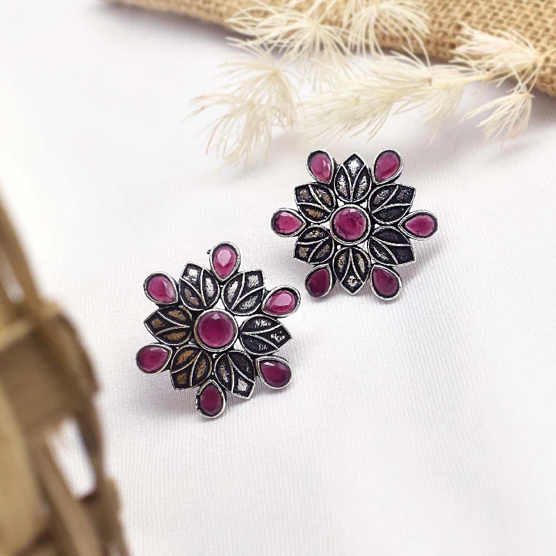 Hoop earrings with cut-out designs for a creative and lightweight effect-Teejh Aashini Pink Stone Silver Oxidised Earring