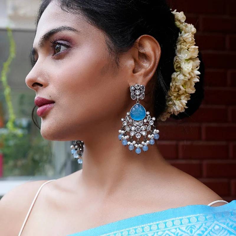 Hoop earrings with abstract wirework for an artistic, unique look-Teejh Anaika Silver Oxidised Blue Stone Earrings