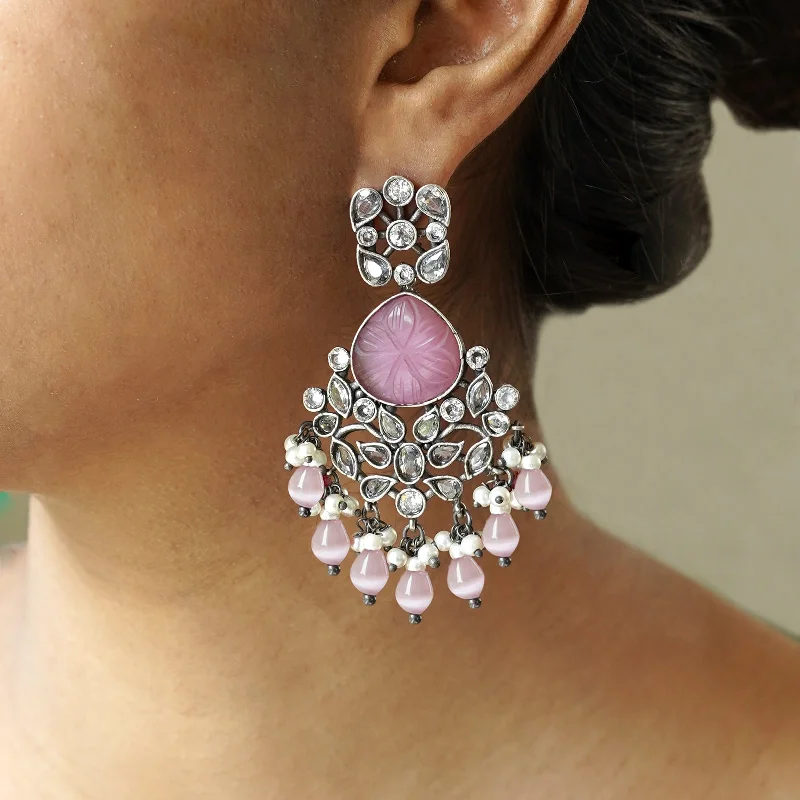 Hoop earrings with oversized designs for a bold, fashion-forward statement-Teejh Anaika Silver Oxidised Pink Stone Earrings