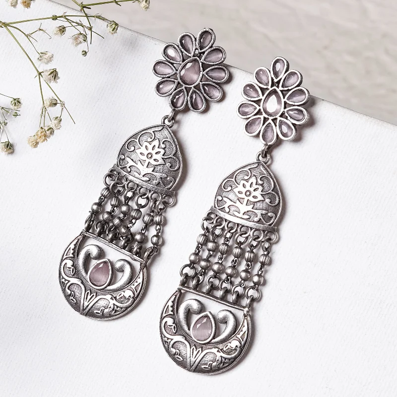 Best hoop earrings with geometric shapes for a modern and artistic appeal-Teejh Bina Floral Pink  Silver Oxidised Earrings