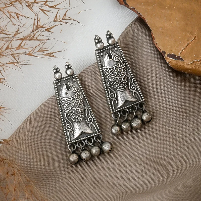 Hoop earrings with tortoiseshell designs for a chic and classic style-Teejh Chahnaa Silver Fish Oxidised Earring