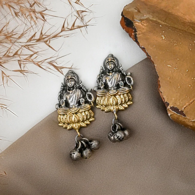 Hoop earrings with twisted metal designs for a dynamic and modern style-Teejh Daivik Silver Oxidised Lakshmi Earring