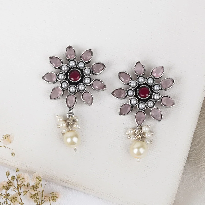 Hoop earrings with oversized pearl accents for a statement-making look-Teejh Eesha Light Pink and Magenta Silver Oxidised Earring