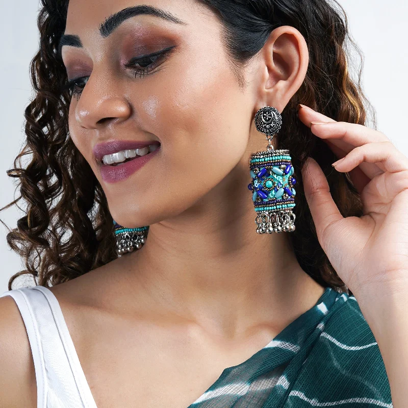 Best hoop earrings with sparkling cubic zirconia for a brilliant, budget-friendly effect-Teejh Ganavi Blue Stone Silver Oxidised Earring